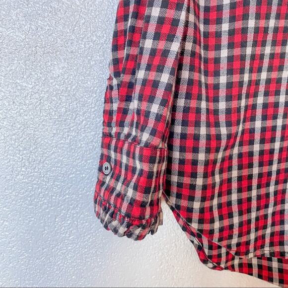 LOFT Red Plaid Ruffle Neck Button Down Top Size Medium - Picture 6 of 8